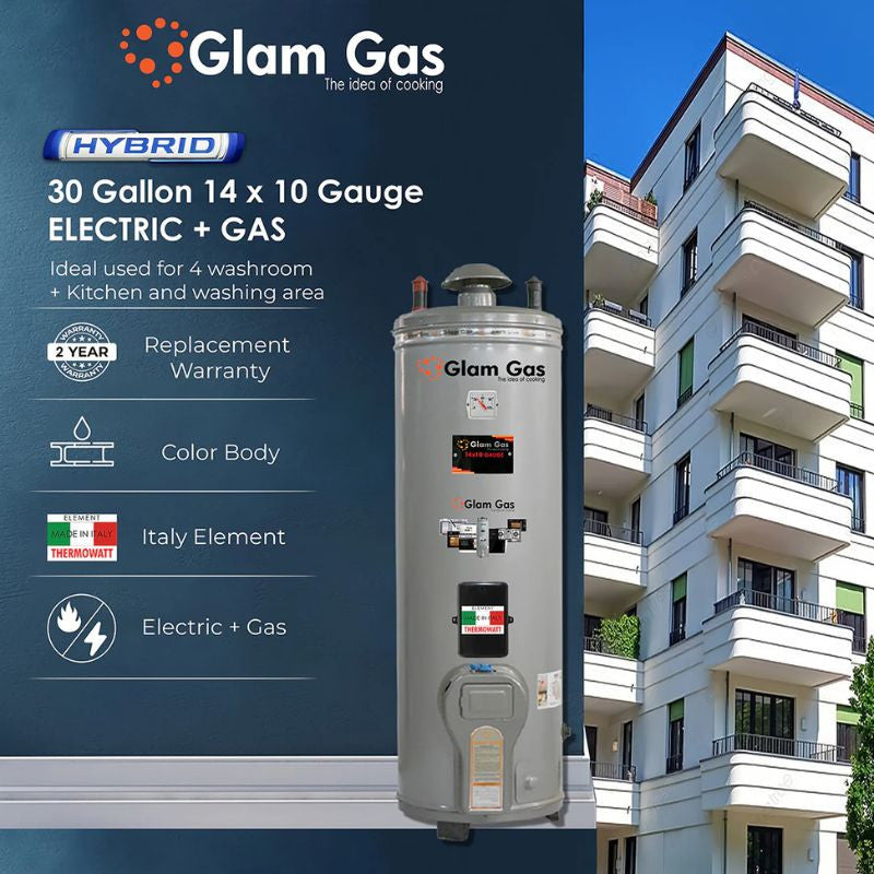 Glam Gas Water Heater 30 Gallon Electric + Gas (14 X 10) With Official Warranty