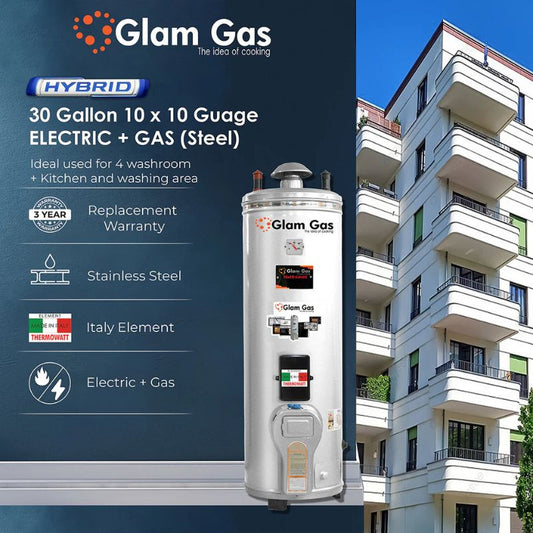 Glam Gas Water Heater 30 Gallon Electric + Gas (10X10) Stainless Steel With Official Warranty